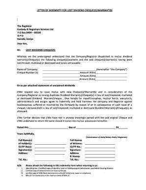 Fillable Online Crsltd Co Letter Of Indemnity For Lost Dividend Cheques