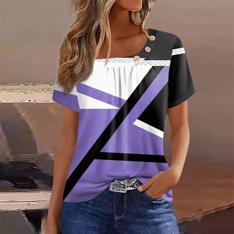 Sksloeg Tops For Women 2024 Pleated Button Decoration Square Neck Short Sleeve Tshirts Shirts