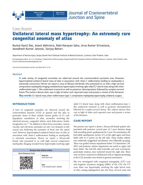 Pdf Unilateral Lateral Mass Hypertrophy An Extremely Rare Congenital Anomaly Of Atlas