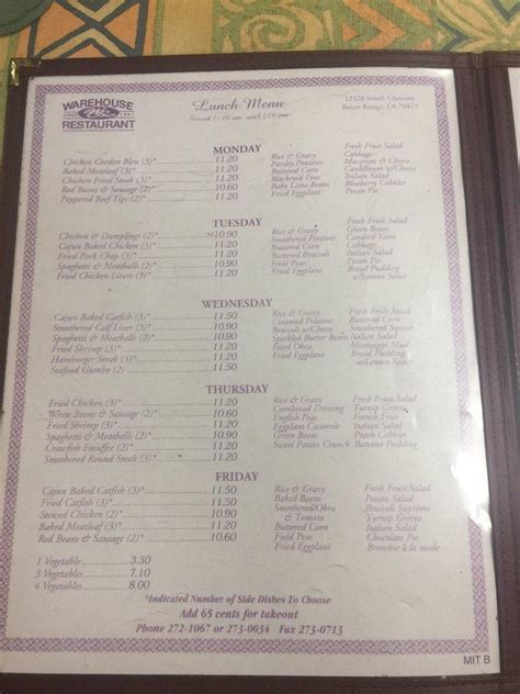 Menu at Warehouse Restaurant, Baton Rouge