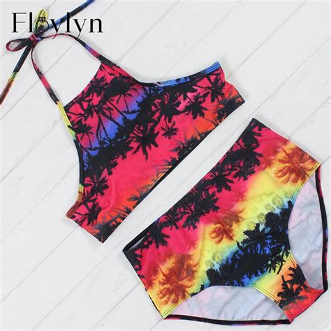 Floylyn 2017 Sexy Women Bikinis Coconut Tree Print Bikini Set Halter