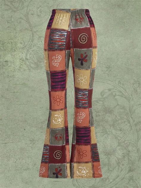 Romwe Hippie Patchwork Print Flare Leg Trousers Shein Uk