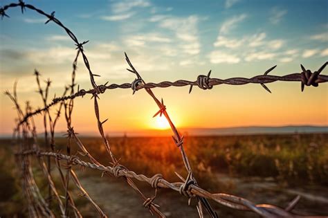 Premium Ai Image Barbed Wire Fence At Twilight Symbolizing Failed