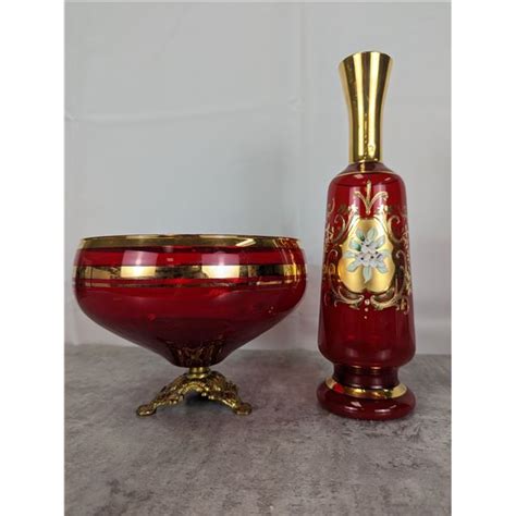 Lot Of 2 Vintage Ruby Red And Gold Glassware