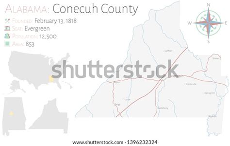 Large Detailed Map Conecuh County Alabama เวกเตอร์สต็อก ปลอดค่าลิขสิทธิ์ 1396232324