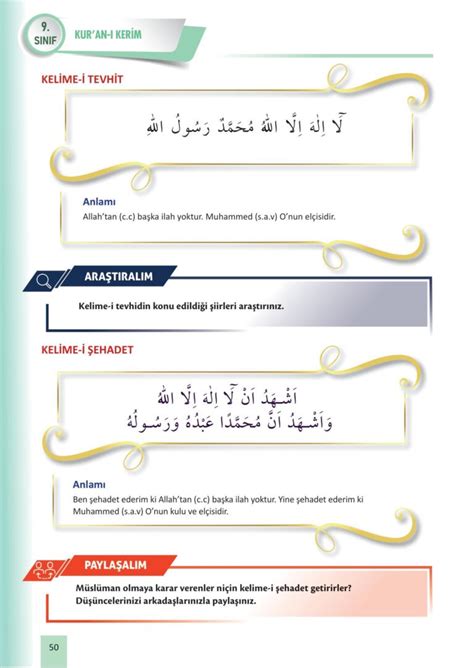 9 Sınıf Kuran ı Kerim Ders Kitabı MEB Yayınları Sayfa 50 Cevapları