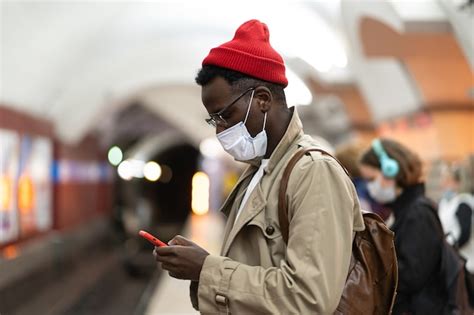 Premium Photo Black Millennial Man Wear Face Mask Flu Virus Waiting