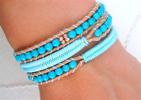 Beaded Leather Wrap Bracelet With Brown Leather Turquoise