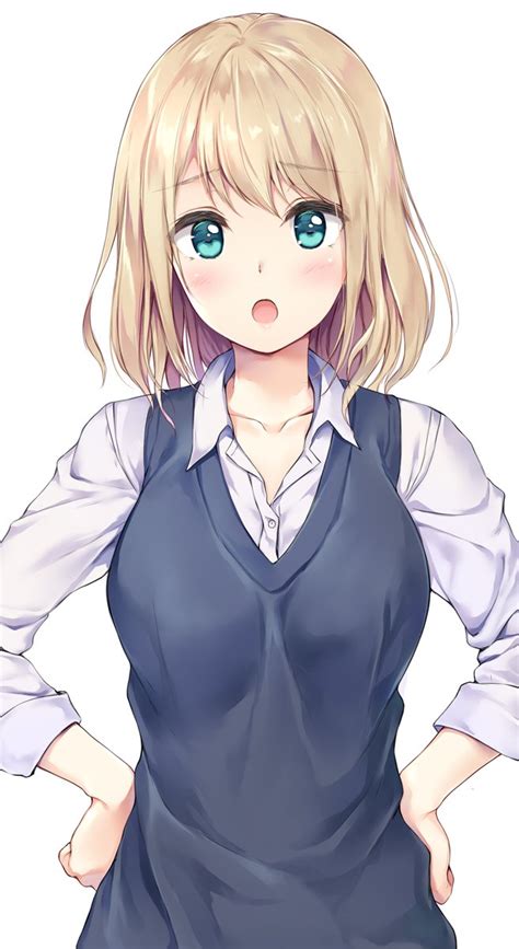 Safebooru 1girl O Aqua Eyes Blonde Hair Blush Dress Shirt Hands On