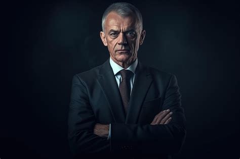 Premium AI Image Portrait Of Mature Businessman In Suit Looking At Camera On Black Background