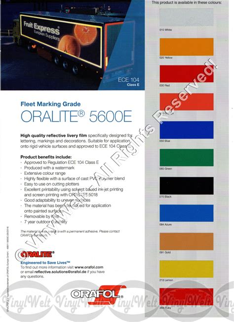 Farbkarte Oracal E Fleet Marking Grade Vinylwelt