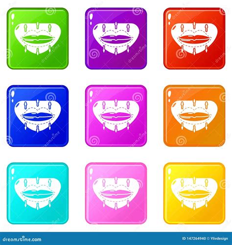 Lip Augmentation Icons Set 9 Color Collection Stock Vector