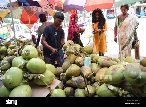 A Coconut Vendor Cuts Coconuts And Sells The Coconuts To The People Who