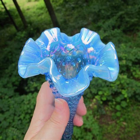 Fenton Diamond Lace Blue Opal Carnival Glass Single Vase Epergne Carnival Glass