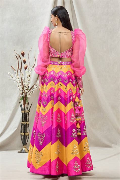 Buy Vandana Sethi Pink Dupion Silk Mirror Embroidered Lehenga Set