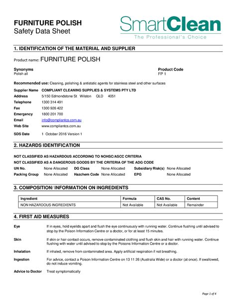 Furniture Polish Smart Clean Sds Safety Data Sheet Identification