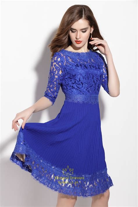 Royal Blue Lace Applique Fit And Flare Dress With 3 4 Sleeves Vampal