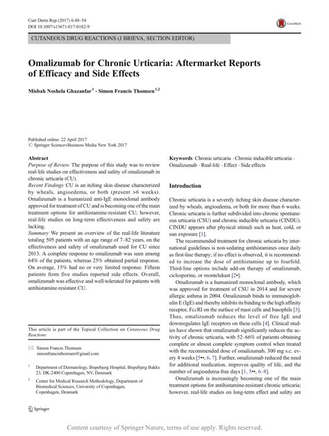 Omalizumab For Chronic Urticaria Aftermarket Reports Of Efficacy And