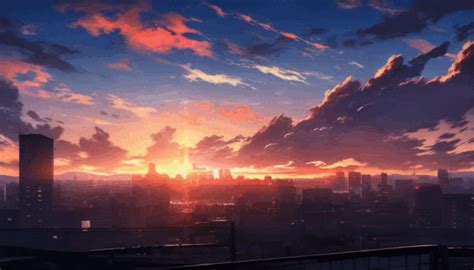 Anime Sunset In Cloudly City By Patrika