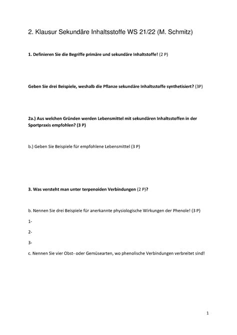 Klausur WS 2122 1 2 Klausur Sekundäre Inhaltsstoffe WS 21 22 M