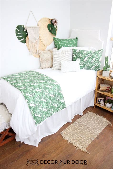 White And Green Palm Leaf Print Dorm Bedding And Dorm Room Decor Shop