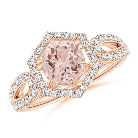 Morganite Split Shank Ring With Diamond Hexagon Halo Angara