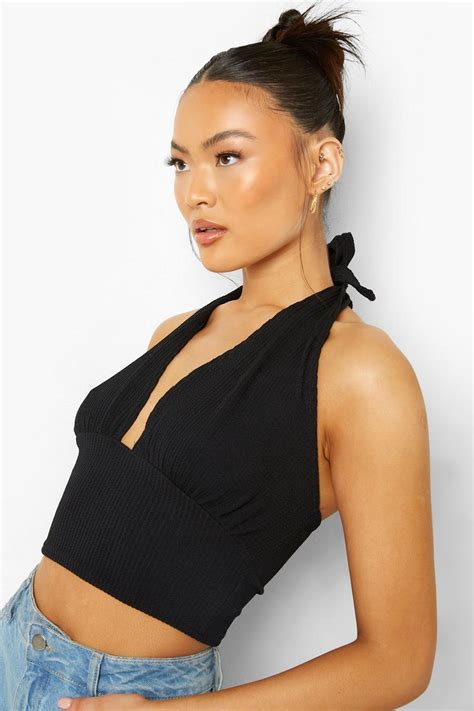 Black Rib Plunge Halter Crop Boohoo Uk