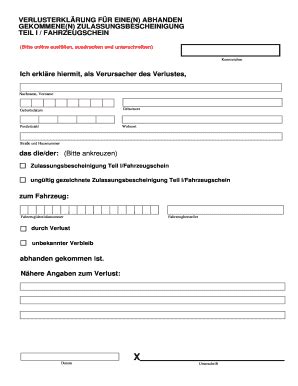 Verlusterklärung Fahrzeugschein Fill Online Printable Fillable