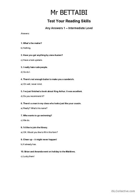 Any Answers Intermediate English Esl Worksheets Pdf And Doc