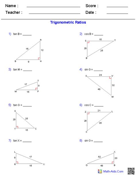 Trigonometric Functions Grade 10 Worksheets