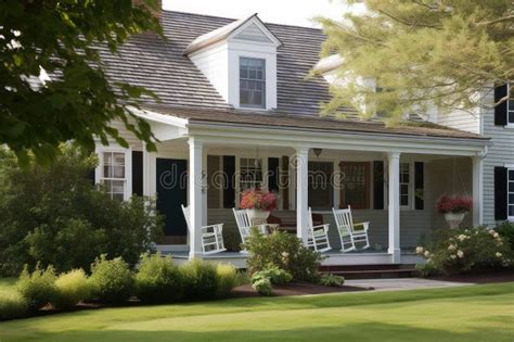 Classic Cape Cod House With Front Porch And Rocking Chairs Against