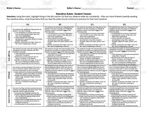 Narrative Rubric Student Version By Teach Simple