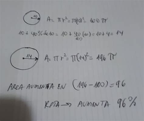 Si a un circulo se le aumenta el 40 al radio en qué porcentaje se