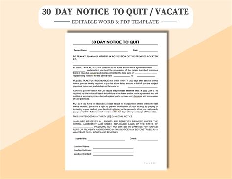 30 Day Notice To Quit Vacate Editable Printable In Word And Adobe Pdf Digitally Edit Or Print