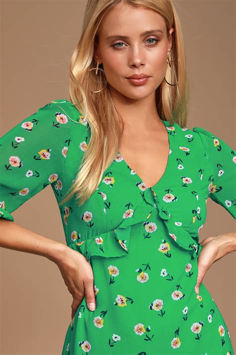 Cute Green Floral Print Dress Long Sleeve Dress Mini Dress Lulus