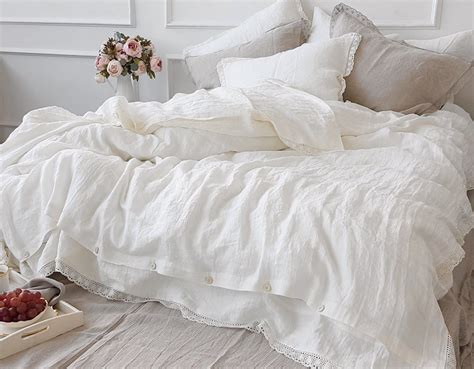 Linen Lace Bedding Set In Off White Optic White Natural Flax Softened