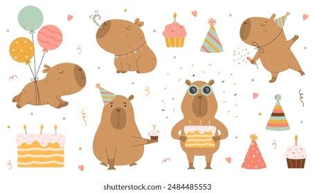 Funny Capybara Happy Birthday Set Stock Vector Royalty Free