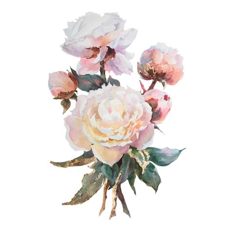 Bouquet De Pivoines Blanches Aquarelle Au Potal Doré Vecteur Premium