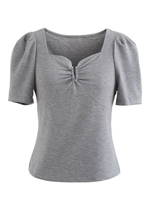 Metallic U Shape Sweetheart Neck Top In Grey Retro Indie And Unique