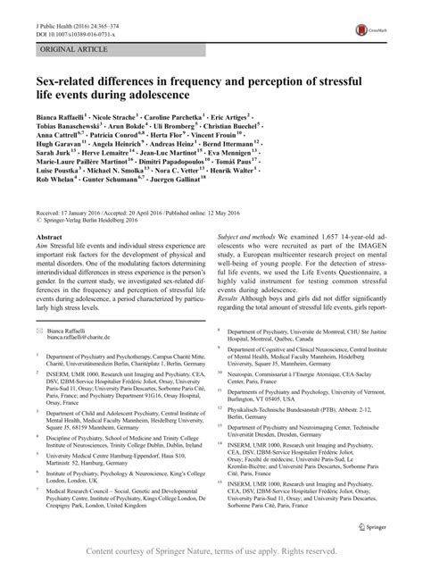 Sex Related Differences In Frequency And Perception Of Stressful Life