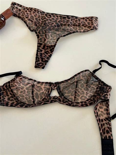 Lingerie Leopard Printed Transparent Push Up Lace Underwire Bra And Panty Set Power Day Sale