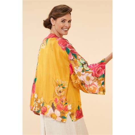 Powder Uk Impressionist Floral Kimono Jacket In Mustard British Isles