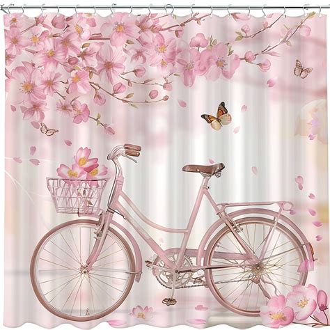 Springtime Bicycle And Cherry Blossoms Shower Curtain Pastel Pink