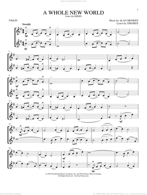 A Whole New World From Aladdin Sheet Music For Two Violins Duets