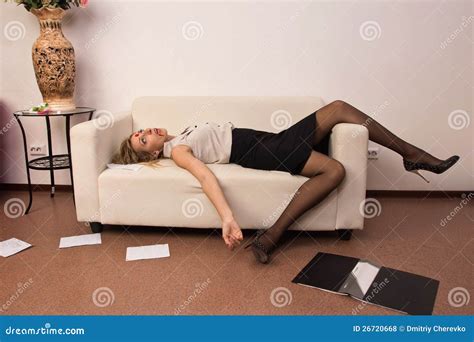 Lifeless Business Woman Lying On Sofa Imitation Stock Photo Image