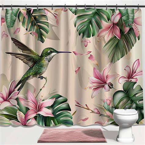 Tropical Leaves And Hummingbird Bathroom Set With Pink Flowers Hyper