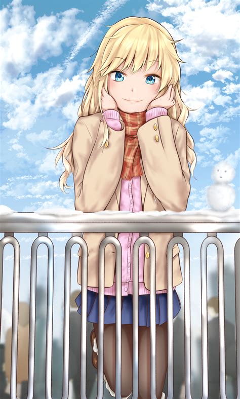 Safebooru 1girl Black Legwear Blonde Hair Blue Eyes Blue Skirt Blush Brown Coat Brown Footwear