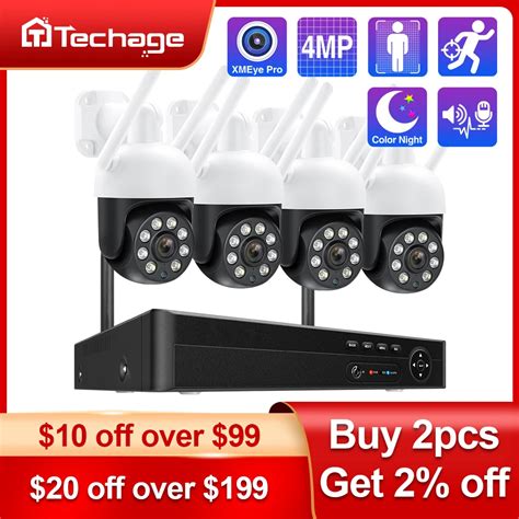 Techage H 265 4MP 2K 8CH PTZ WiFi Security Camera Set Smart AI Human