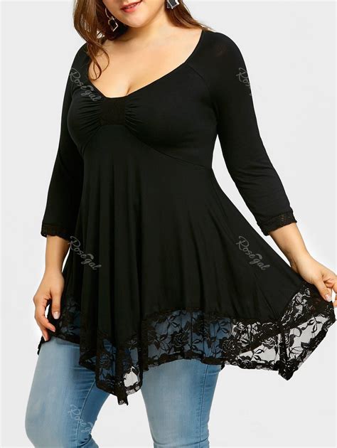 41 Off Plus Size Empire Waist Lace Trim Handkerchief T Shirt Rosegal