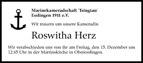 Traueranzeigen Von Roswitha Herz Zeit Des Gedenkens De